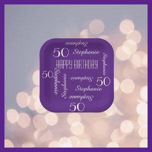 50th Birthday Party Repeating Name Square Purple Paper Plate
