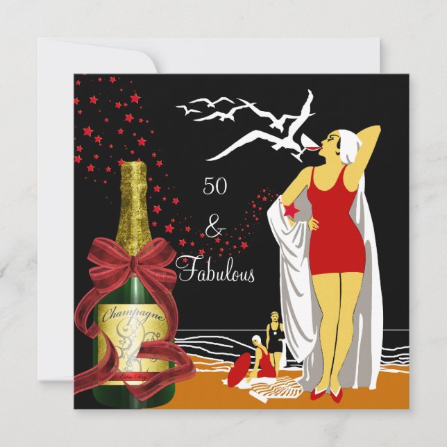 50th Birthday Party Retro Diva Art deco Red Black Invitation (Front)