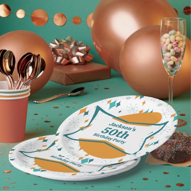 50th Birthday Party Retro Mid Century Any Age Paper Plate (Multi)