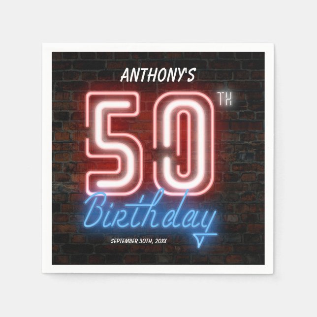 50th Birthday Party Retro Neon Sign Fun Custom Napkin (Front)