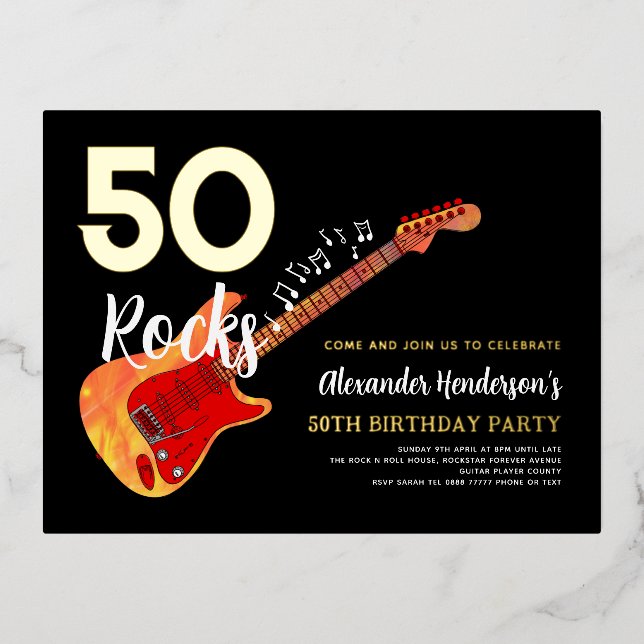 50th Birthday Party Rock and Roll Gold Foil Invitation Postcard (Front)