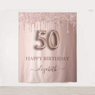 50th birthday party rose gold blush glitter drips tapestry