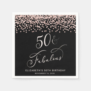 50th Birthday Party Rose Gold Glitter Black Napkin