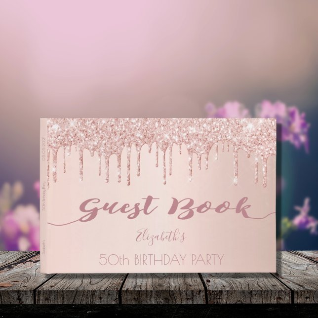 50th birthday party rose gold glitter drips pink guest book (Creator Uploaded)