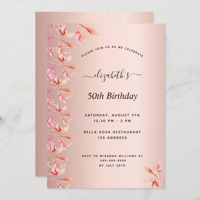 50th birthday party rose gold pink florals foil invitation (Front/Back)
