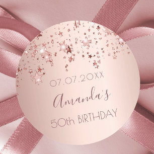 50th birthday party rose gold shiny stars glittery classic round sticker