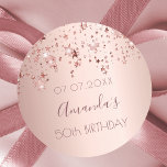50th birthday party rose gold stars classic round sticker<br><div class="desc">A sticker,  favor tag for a girly 50th birthday party.  A rose gold background with stars. Template for name,  date age 50. The name is written in dark rose gold with a large modern hand lettered style script.  Perfect as evelope seal,  for favors or thank you note.</div>