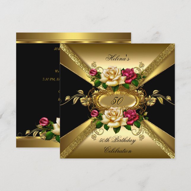 50th Birthday Party Roses Red Cream Gold Invitation (Front/Back)