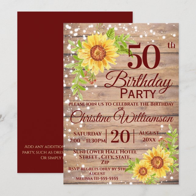 50th Birthday Party Rustic Floral Sunflower Invitation (Front/Back)