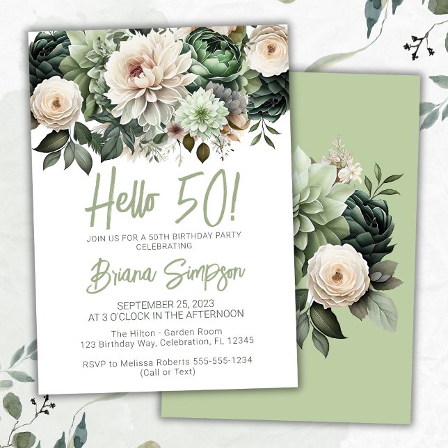 50th Birthday Party Sage Green Floral Invitation (Creator Uploaded)