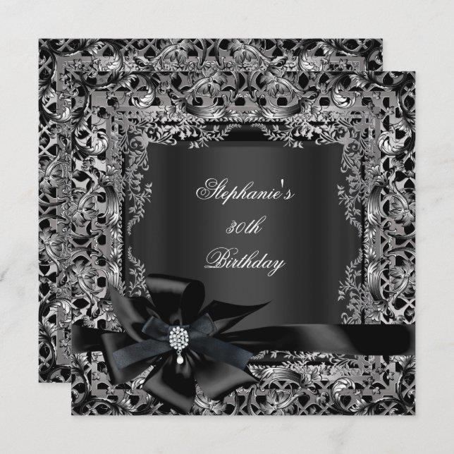 50th Birthday Party Silver Black Bow Lace Invitation (Front/Back)
