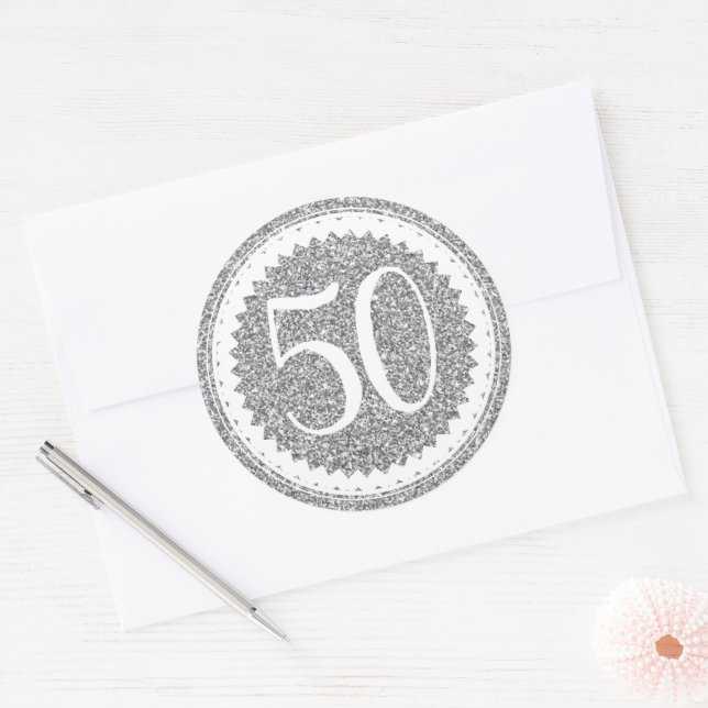 50th Birthday Party Silver Glitter Classic Classic Round Sticker (Envelope)