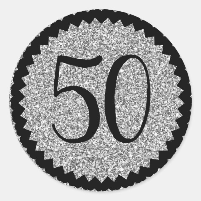 50th Birthday Party Silver Glitter Classic Round Sticker (Front)