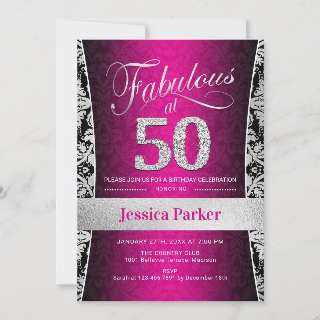 50th Birthday Party - Silver Pink Black Invitation (Front)