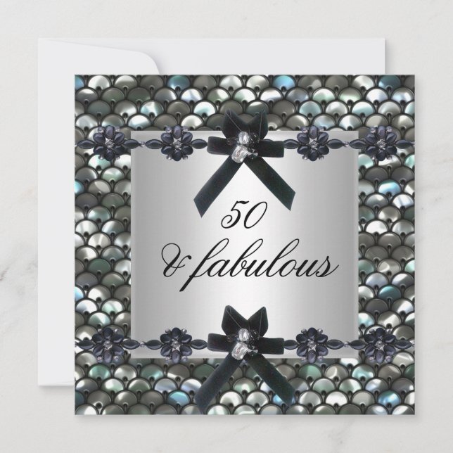 50th Birthday Party Silver Sequins Black White Invitation (Front)
