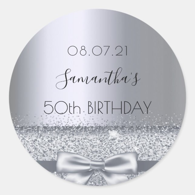 50th birthday party silver sparkle bow metallic classic round sticker (Front)