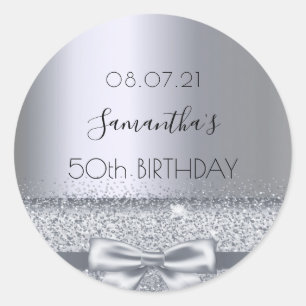 50th birthday party silver sparkle bow metallic classic round sticker