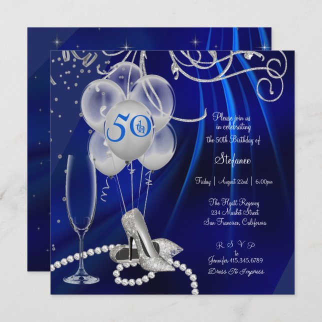 50th Birthday Party Silver Stiletto's Royal Blue  Invitation (Front/Back)
