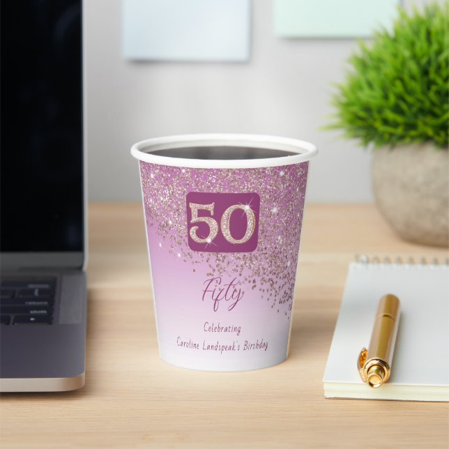 50th Birthday Party Sparkle Rose Gold Glitter Paper Cups (Insitu)