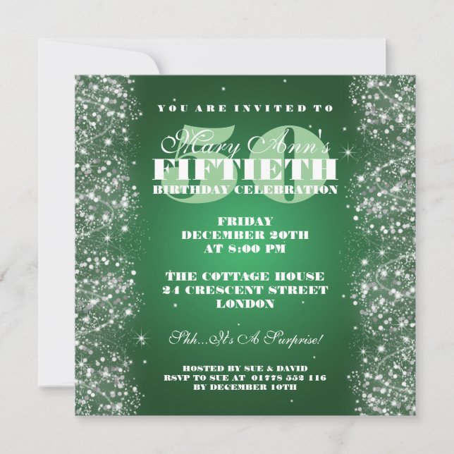 50TH Birthday Party Sparkling Glitter Green Invitation (Front)