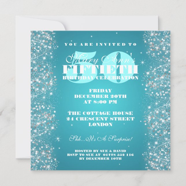 50TH Birthday Party Sparkling Glitter Turquoise Invitation (Front)