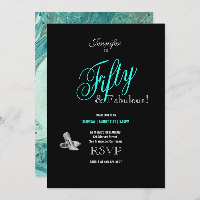 50th Birthday Party Stilettos Turquoise Font Invitation (Front/Back)