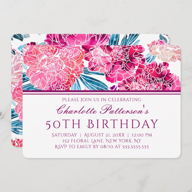 50th Birthday Party Stylish Pink Floral Pattern Invitation (Front/Back)
