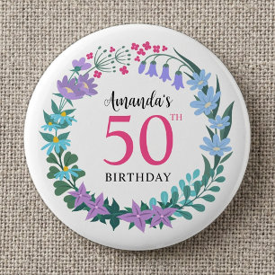 50th Birthday Party Summer Floral Bluebells Wreath 6 Cm Round Badge