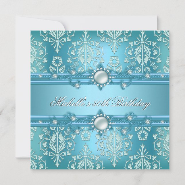 50th Birthday Party Teal Blue Pearl Damask Floral Invitation (Front)