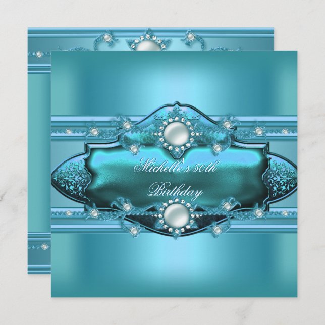 50th Birthday Party Teal Blue Pearl Jewel Invitation (Front/Back)