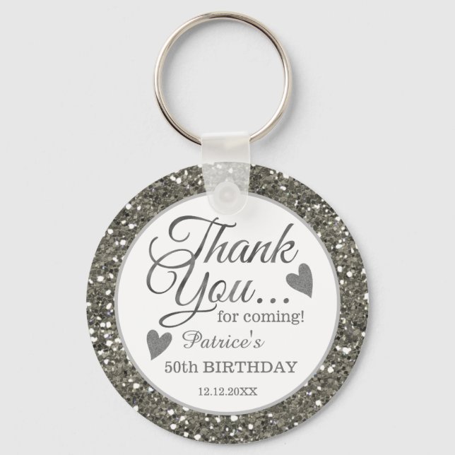 50th Birthday Party Thank You Silver Glitter  Key Ring (Front)