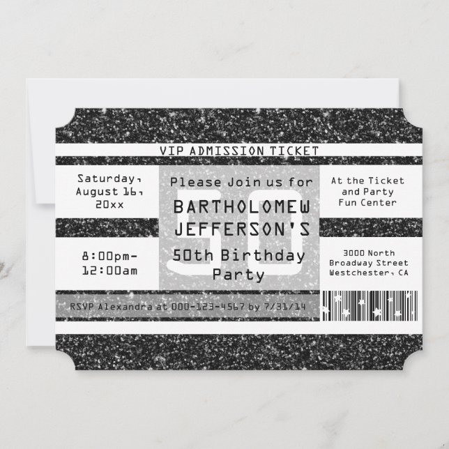 50th Birthday Party Ticket, Black Shimmer Invitation (Front)