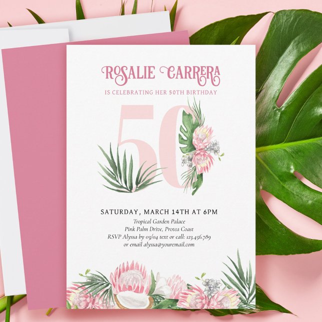 50th Birthday Party Tropical Pink Protea Number 50 Invitation (Creator Uploaded)