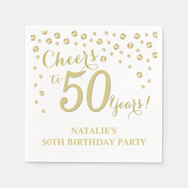 50th Birthday Party White and Gold Diamond Napkin (Front)