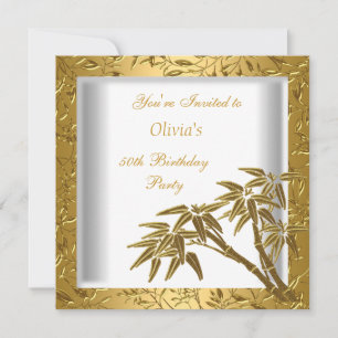 50th Birthday Party White Gold Bamboo Floral Asian Invitation