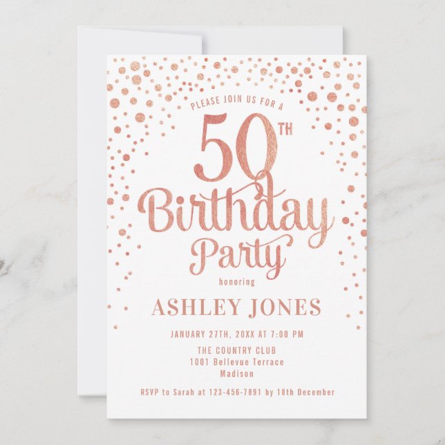 50th Birthday Party - White & Rose Gold Invitation (Front)