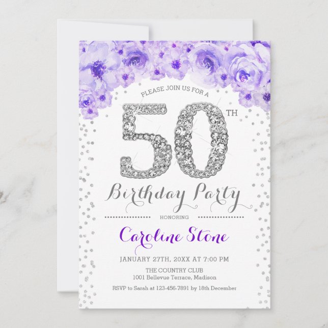 50th Birthday Party - White Silver Purple Invitation (Front)