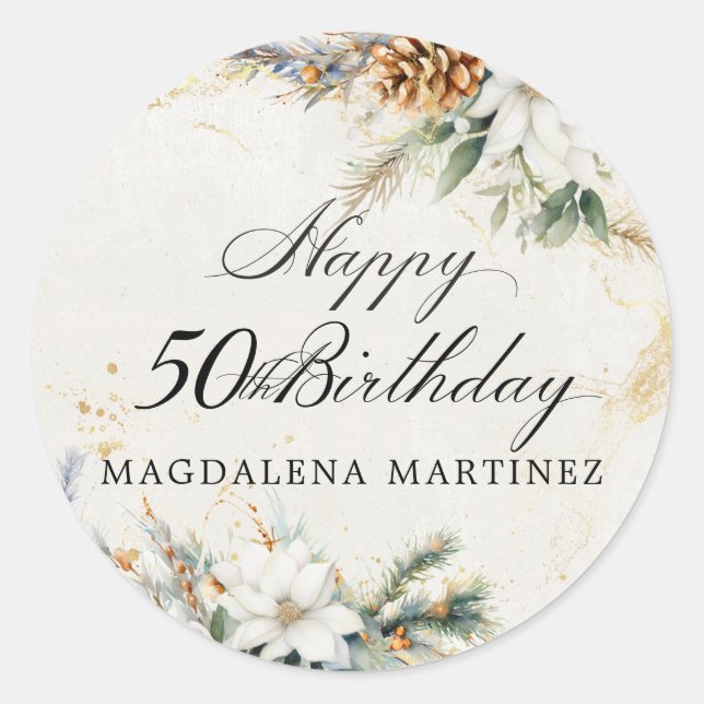 50th Birthday Party White Winter Floral Custom Classic Round Sticker (Front)
