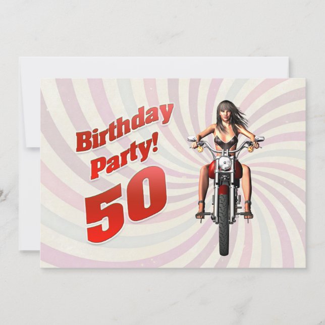 50th birthday party with a girl on a motorbike invitation (Front)