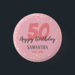 50th Birthday Party with Confetti Pink 3 Cm Round Badge<br><div class="desc">Congratulations on this huge milestone in your life! This button has a fun confetti top boarder with custom dates and name option. 50th birthday party button can be changed to other dates if needed. pink</div>