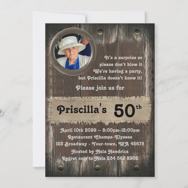 50th,Birthday Party woman, any age,wood,rustic Invitation (Front)
