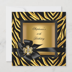 50th Birthday Party Zebra Gold Black Bow Invitation