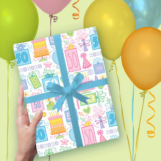 50th Birthday Pastel Pink Cake Presents Balloons Wrapping Paper Sheet
