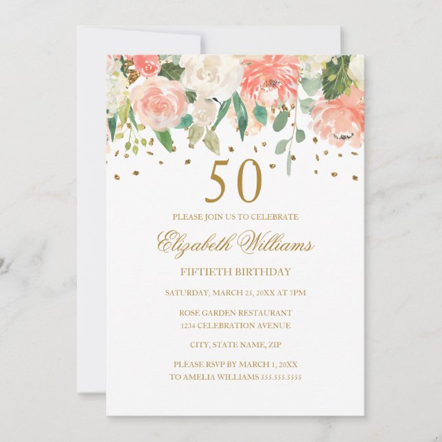50th Birthday Peach Gold Floral Invitation (Front)