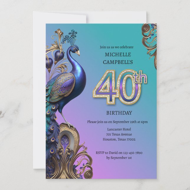 50th Birthday, peacock Invitation (Front)