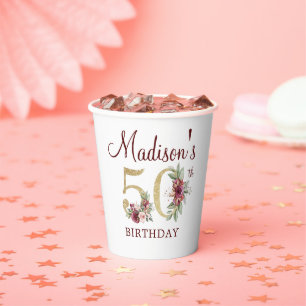 50th Birthday Personalised Burgundy Gold Floral Paper Cups