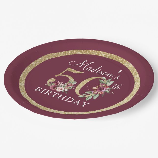 50th Birthday Personalised Burgundy Gold Paper Plate (Angled)