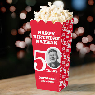 50th birthday personalised photo white red popcorn favour box