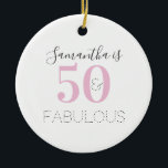 50th Birthday Personalised Typography Ceramic Tree Decoration<br><div class="desc">This is a stylish 50th birthday design. This modern, 50 and fabulous typography design, is in pink, grey and black with stylish typography. Perfect for an elegant and chic 50th birthday gift, party decoration, keepsake or favour. To personalise, simply add your name in the personalise this box. Check out the...</div>