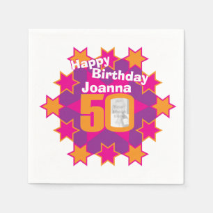 50th birthday photo and name pink star napkins